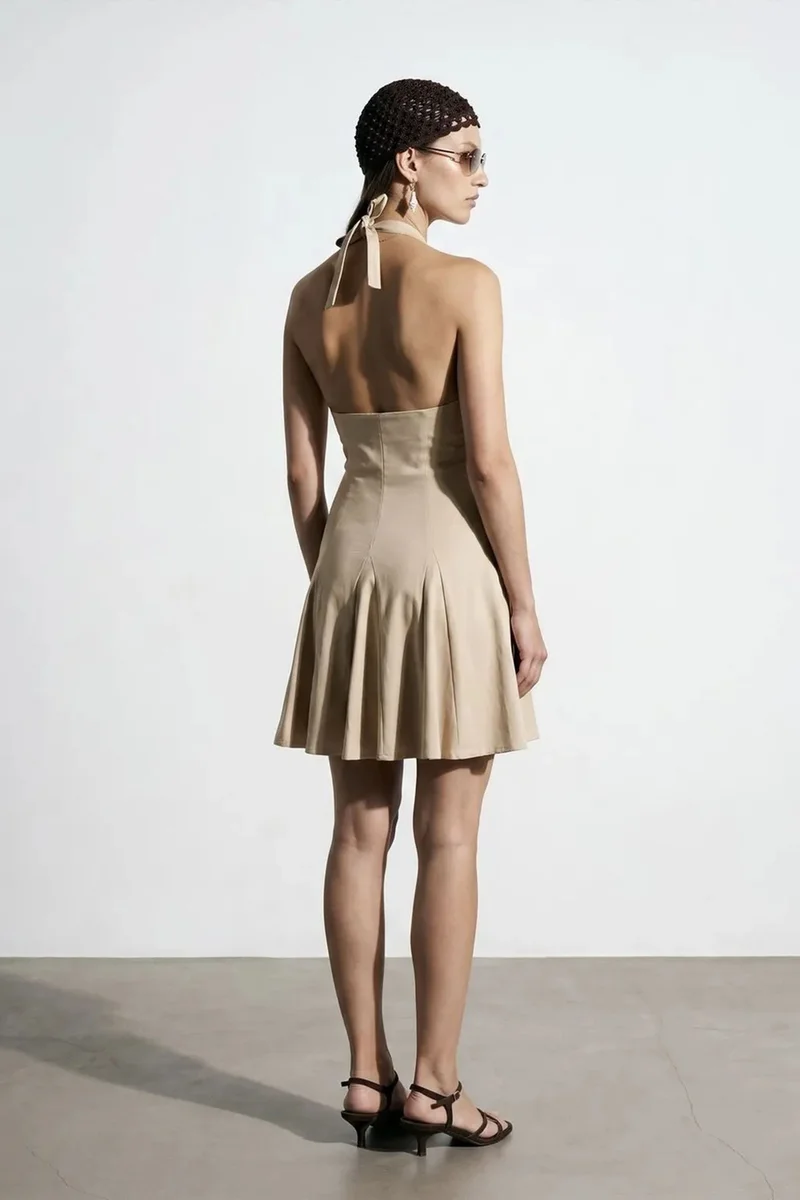 Dilvin Beige Natural DILVIN Halter Neck Skater Mini Dress for Women | Best Price UAE