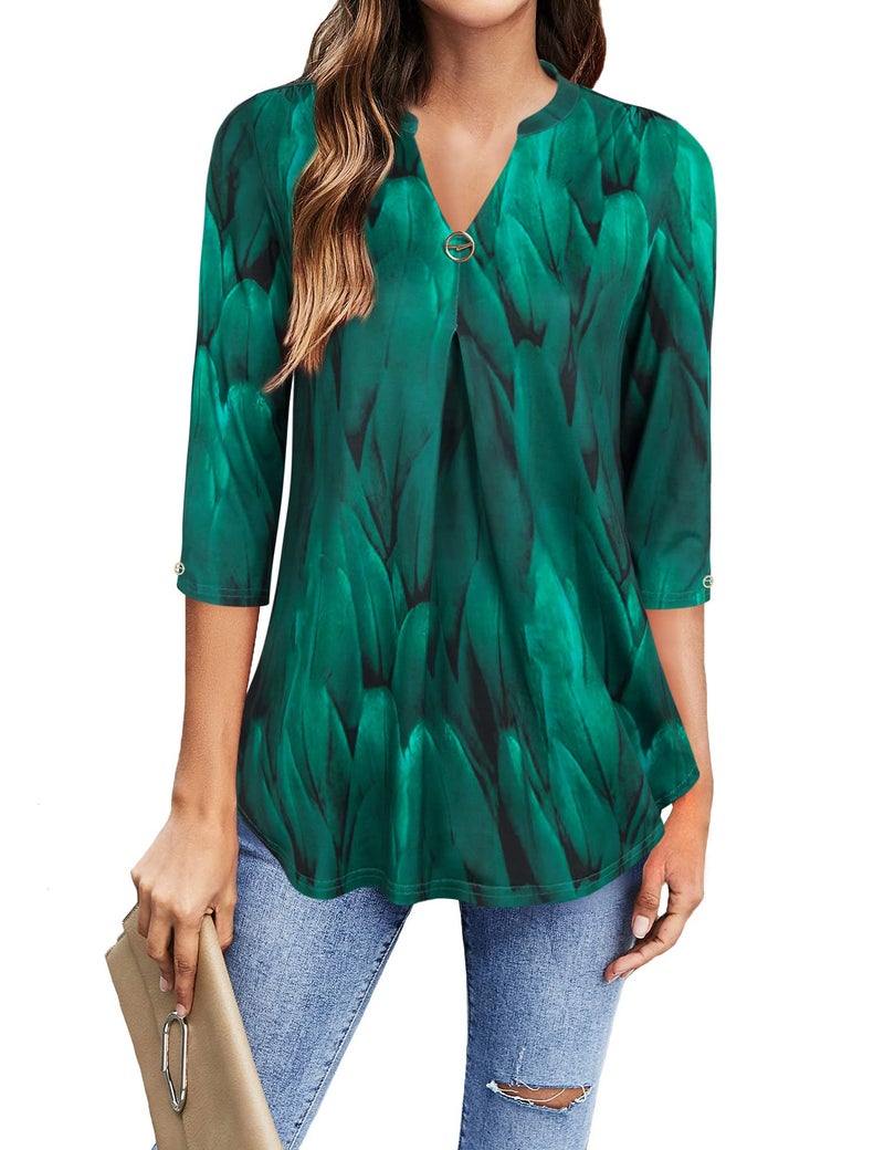 VALOLIA Womens Tops, Womens 3/4 Length Sleeve Tops Dressy Top Women Plus Size Shirts Work Blouses Business Casual Tops Fashion 2023 Womens Blouses and Tops(Peacock Blue XX-Large) - Image 1