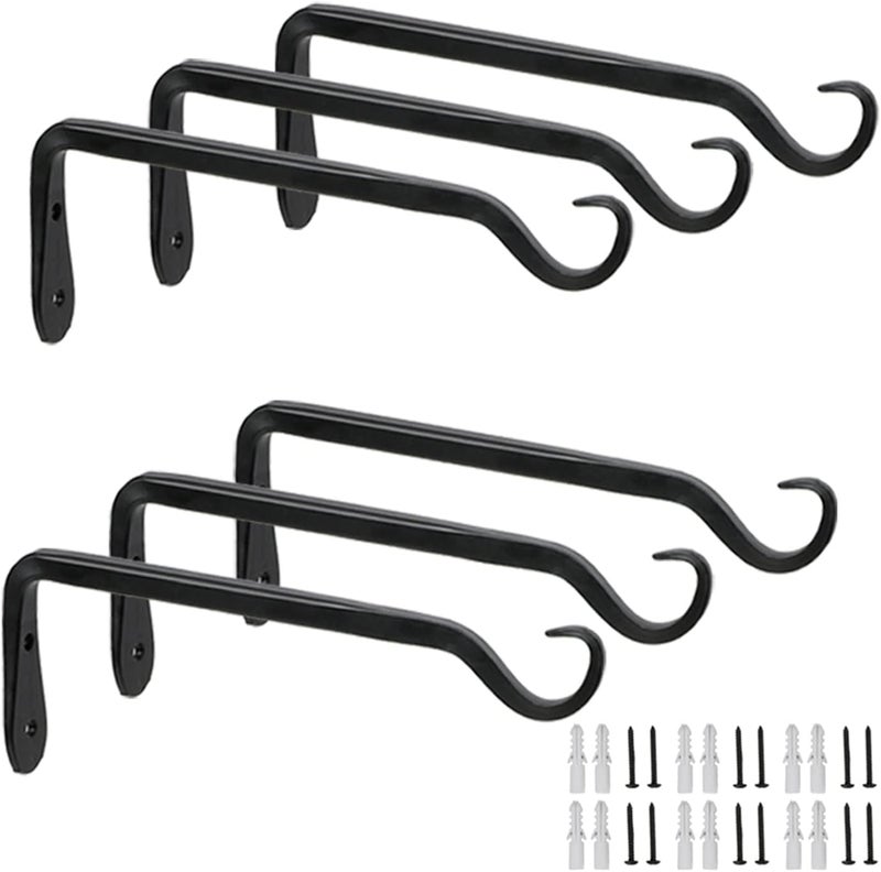 WORTH Garden 6-Pack 7" Plant Hanger Bracket - Forged Wrought Iron Powder-Coated Heavy Duty Wall Hook - Black Hanging Hooks - Durable and Stable for Bird Feeders, Planters Indoor & Outdoor - Image 1