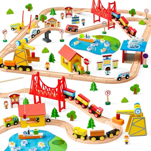 SYNCFUN 110PCS Wooden Train Set Toy Magnetic Trains with Wooden Track Set for Kids Ages 38 City Scene Railway Set Perfect Easter Birthday Gift for Grandkids Toddlers Boys Girls - Image 1