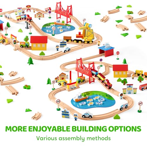 SYNCFUN 110PCS Wooden Train Set Toy Magnetic Trains with Wooden Track Set for Kids Ages 38 City Scene Railway Set Perfect Easter Birthday Gift for Grandkids Toddlers Boys Girls - Image 5