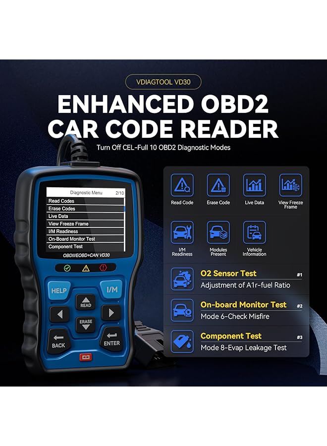 KASTWAVE Obd2 Scanner Diagnostic Tool, Car Code Reader, Universal Check Engine Light Code Reader, Vehicle Fault Code Reader, For All Obdii Vehicles, Turn Off Cel, Read/Clear Codes, Live Data, Voltage Test - Image 2