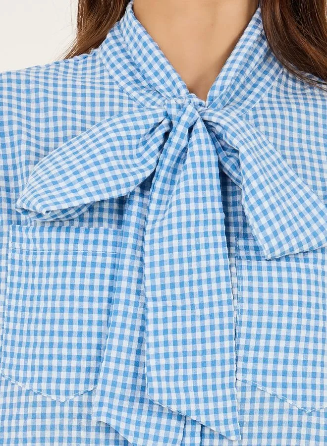 Styli Styli Gingham Print Checked Print Regular Fit Shirt with Tie-Up Neck