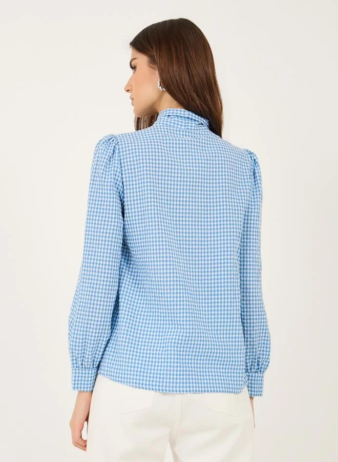 Styli Styli Gingham Print Checked Print Regular Fit Shirt with Tie-Up Neck