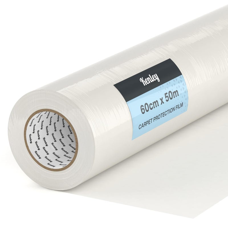 Kenley Carpet Protector Roll - Self Adhesive Protection Film - 50m x 60cm Sticky Clear Plastic Stair Hard Floor Cover - Heavy Duty Puncture Resistant & Waterproof Protective Floor Covering - Image 1