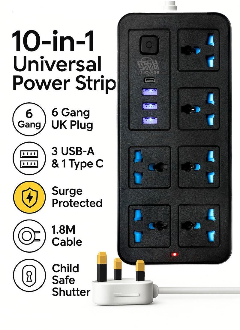 Storecho STORECHO 10-in-1 Universal Extension Lead, 6 Gang UK Plug Power Strip with 3 USB Ports, 1 Type-C, Surge & Overload Protection, 2400W, Child-Safe Shutter, 1.8M Cable – Home, Office, Kitchen  - Image 2