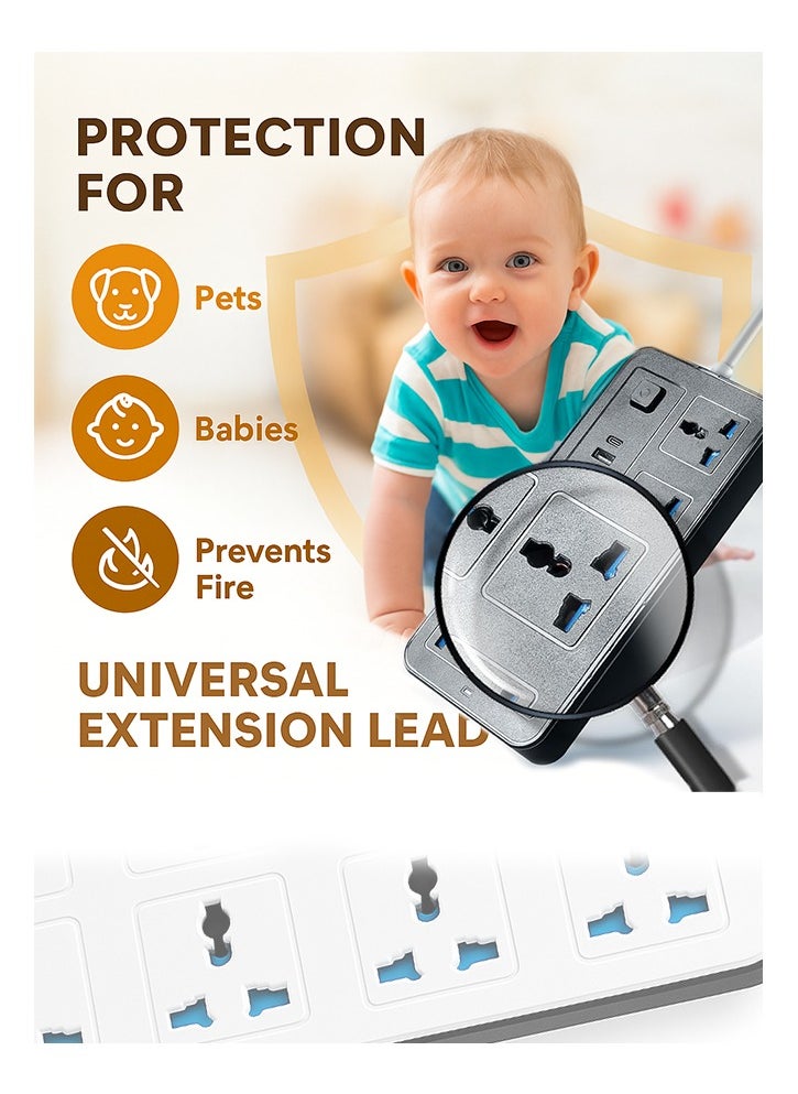 Storecho STORECHO 10-in-1 Universal Extension Lead, 6 Gang UK Plug Power Strip with 3 USB Ports, 1 Type-C, Surge & Overload Protection, 2400W, Child-Safe Shutter, 1.8M Cable – Home, Office, Kitchen  - Image 3