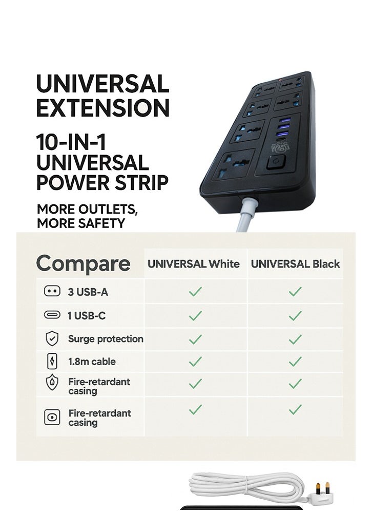 Storecho STORECHO 10-in-1 Universal Extension Lead, 6 Gang UK Plug Power Strip with 3 USB Ports, 1 Type-C, Surge & Overload Protection, 2400W, Child-Safe Shutter, 1.8M Cable – Home, Office, Kitchen  - Image 4