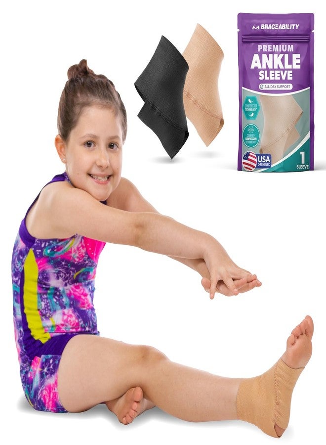 BraceAbility Elastic Ankle Support Brace - Lightweight Slip on Foot and Ankle Compression Sleeve for Gymnastics, Dance, Sports, Running, Exercise, and Sprained Ankle Swelling for Women and Men (Beige, Small) - Image 1