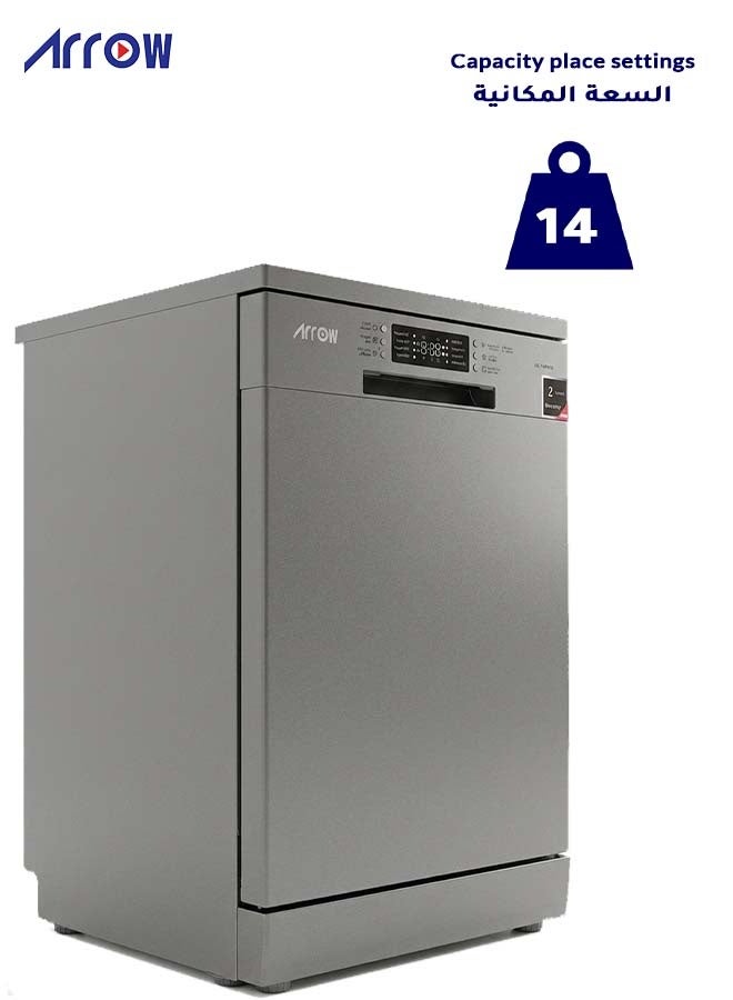 Arrow 8 Programs, 14-Place Setting Dishwasher, Low Noise, Residual Heating Dry, Adjustable Upper Basket, Dual Spray Arms, 60cm Freestanding/Semi-Built, Grey, | Model: RO-14DWSB - Image 5