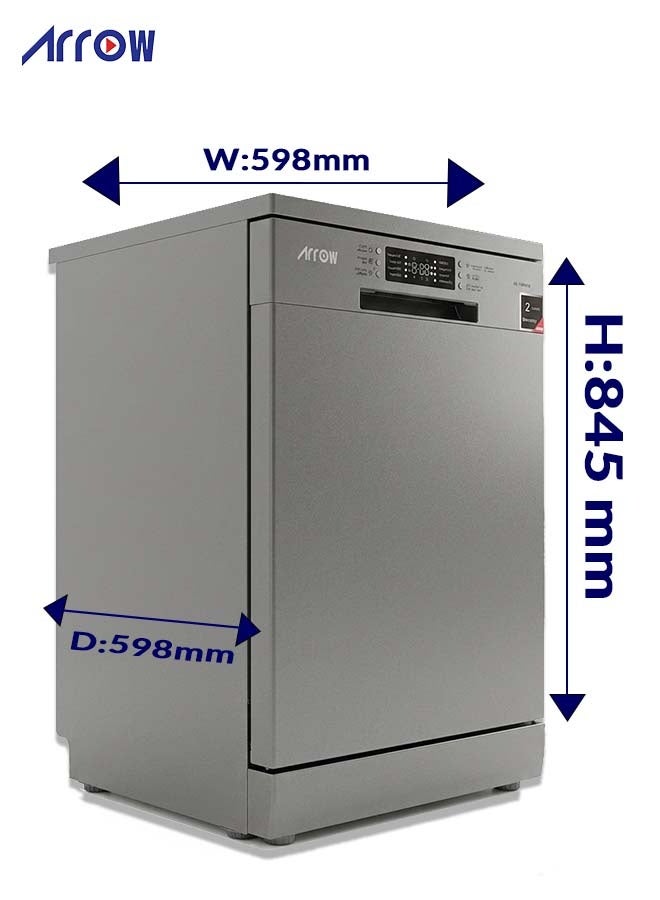 Arrow 8 Programs, 14-Place Setting Dishwasher, Low Noise, Residual Heating Dry, Adjustable Upper Basket, Dual Spray Arms, 60cm Freestanding/Semi-Built, Grey, | Model: RO-14DWSB - Image 4