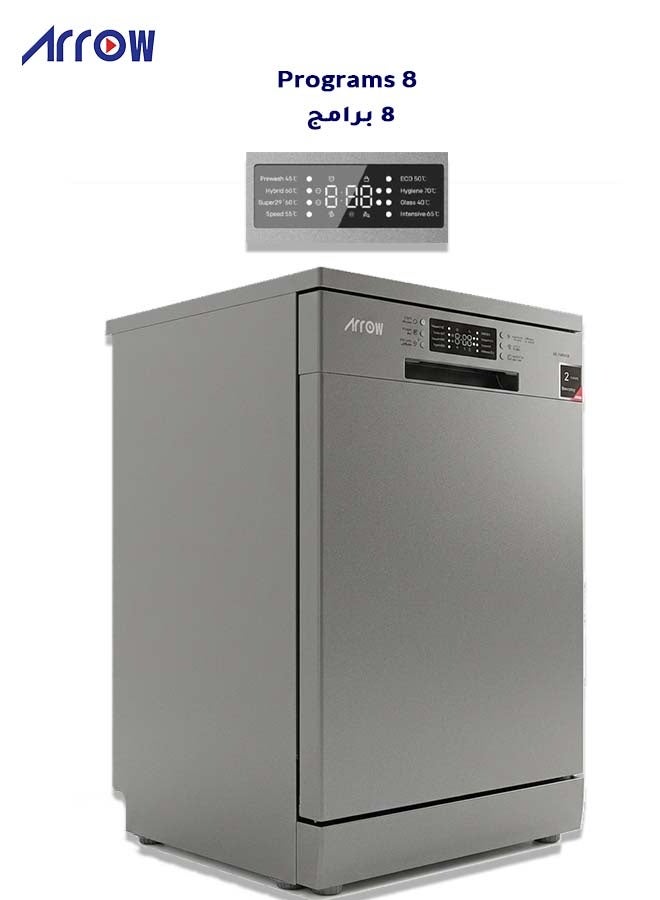 Arrow 8 Programs, 14-Place Setting Dishwasher, Low Noise, Residual Heating Dry, Adjustable Upper Basket, Dual Spray Arms, 60cm Freestanding/Semi-Built, Grey, | Model: RO-14DWSB - Image 3