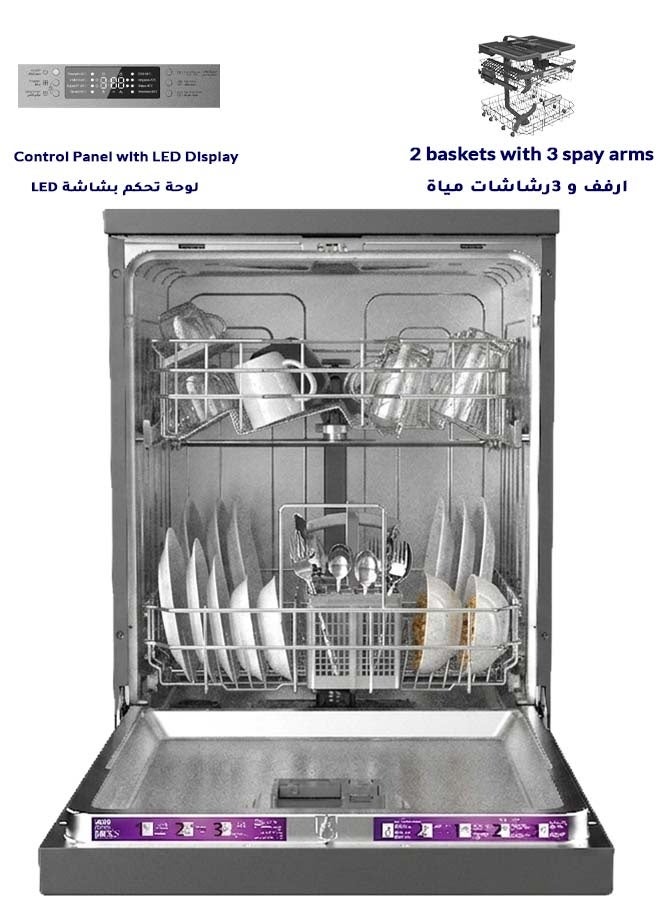 Arrow 8 Programs, 14-Place Setting Dishwasher, Low Noise, Residual Heating Dry, Adjustable Upper Basket, Dual Spray Arms, 60cm Freestanding/Semi-Built, Grey, | Model: RO-14DWSB - Image 2