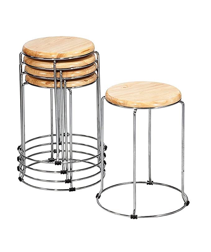 GOKOO GoKoo Set of 5 Metal Frame Wooden Stool for Home|Kitchen|Cafeteria Stool|Office (Brown)  - Image 1