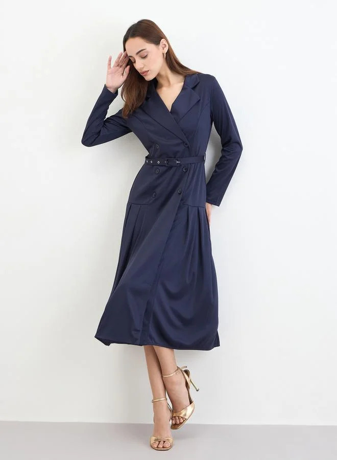 Styli Navy Blue Belted Blazer Midi Dress