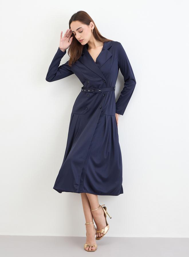 Styli Navy Blue Belted Blazer Midi Dress - Image 1
