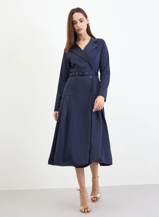 Styli Navy Blue Belted Blazer Midi Dress