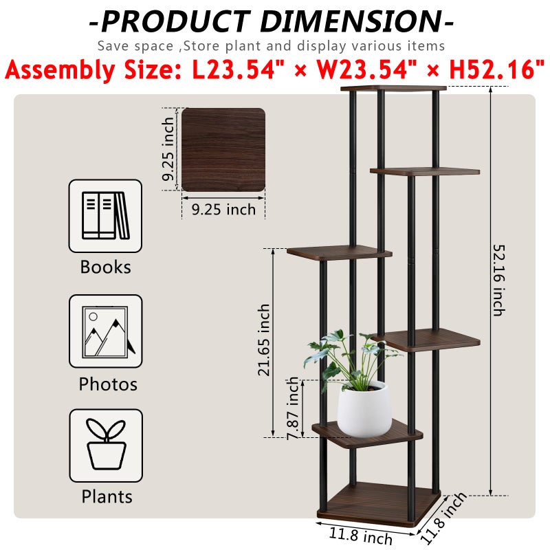 AZERPIAN Plant Stand 6 Tier Indoor Metal Flower Shelf for Multiple Plants Corner Tall Flower Holders for Patio Garden Living Room Balcony Bedroom, Black Oak - Image 4