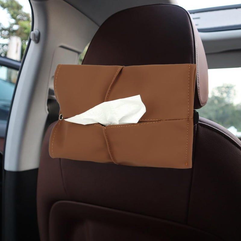 STHIRA Car Tissue Box, Fashion Brown PU Car Tissue Box for Center Console Armrest Headrest, Adjustable Elastic Fastener Strap, Car Accessory - Image 4