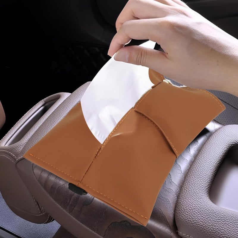 STHIRA Car Tissue Box, Fashion Brown PU Car Tissue Box for Center Console Armrest Headrest, Adjustable Elastic Fastener Strap, Car Accessory - Image 5