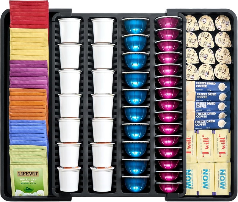 Lifewit Coffee Pod Holder Drawer Organizer, Expandable Coffee Pods Storage Drawers Insert for Tea Bags, Bar Organizer Compatible with K Cup, Nespresso OriginalLine, VertuoLine Capsules Black - Image 1