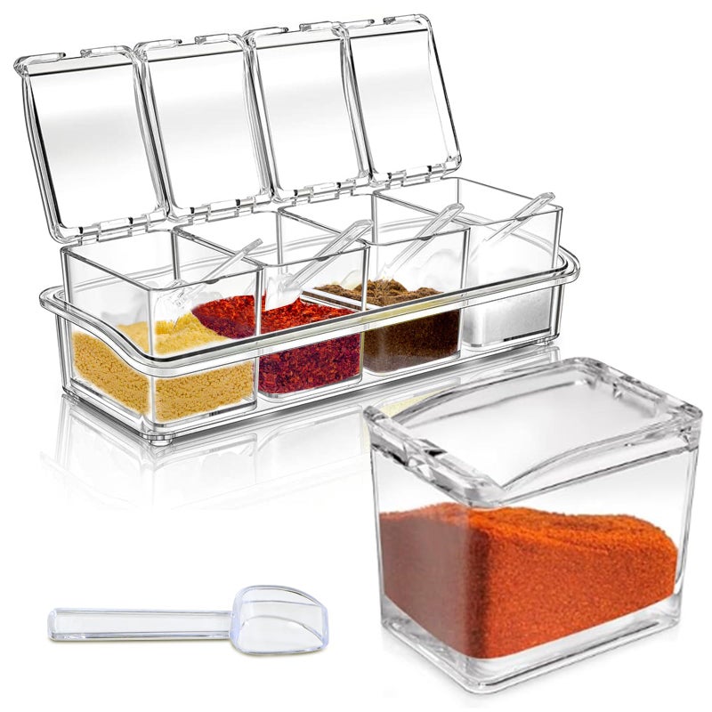 Pujito 4-Cell Clear Seasoning Rack Spice Box Storage Container Condiment Jars Acrylic Seasoning Box with Cover and Spoon - Image 1