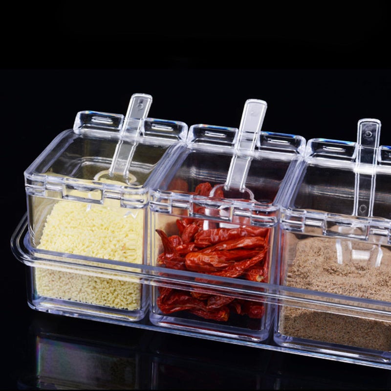 Pujito 4-Cell Clear Seasoning Rack Spice Box Storage Container Condiment Jars Acrylic Seasoning Box with Cover and Spoon - Image 5