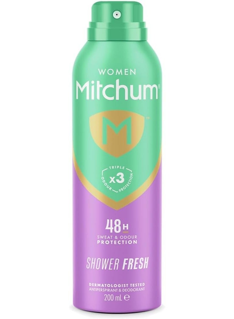 Mitchum Women Triple Odor Defense 48HR Protection Deodorant Spray & Antiperspirant (200ml) Shower Fresh, Dermatologist Tested