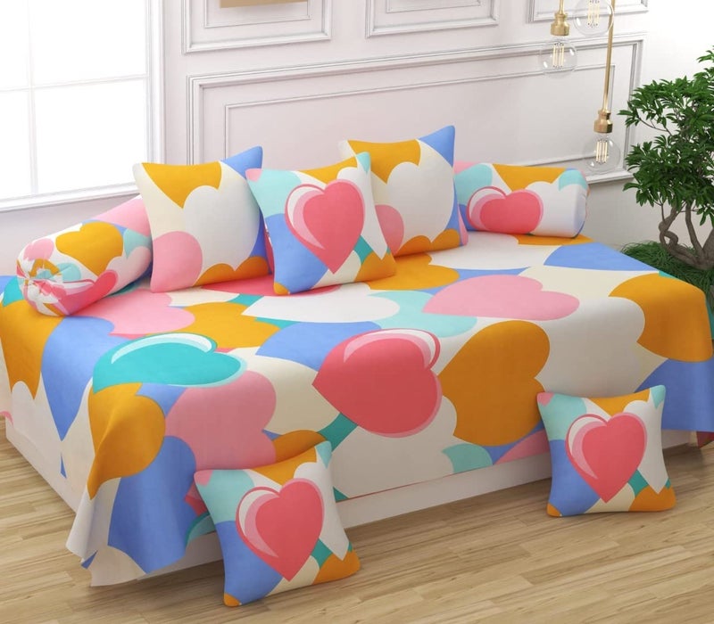 BELVOSTUM Diwan Set Pillows 5 with Bolster 2 Covers | Diwan Sets for Sofa Cover/Living Room | Cover/Pillow Set (1 Single Bedsheet, 2 Bolster Covers, 5 Cushion Covers) - Image 1