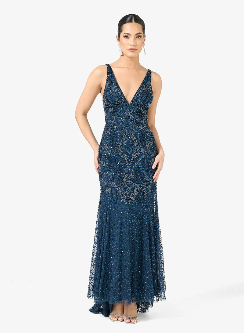 Embellished Sequin V Neck Sleeveless Maxi Dress