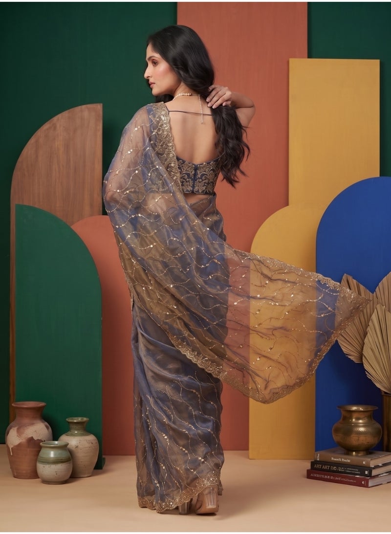 Nool Tamba Tissue Designer Saree with Unstitched Blouse Material - Image 3