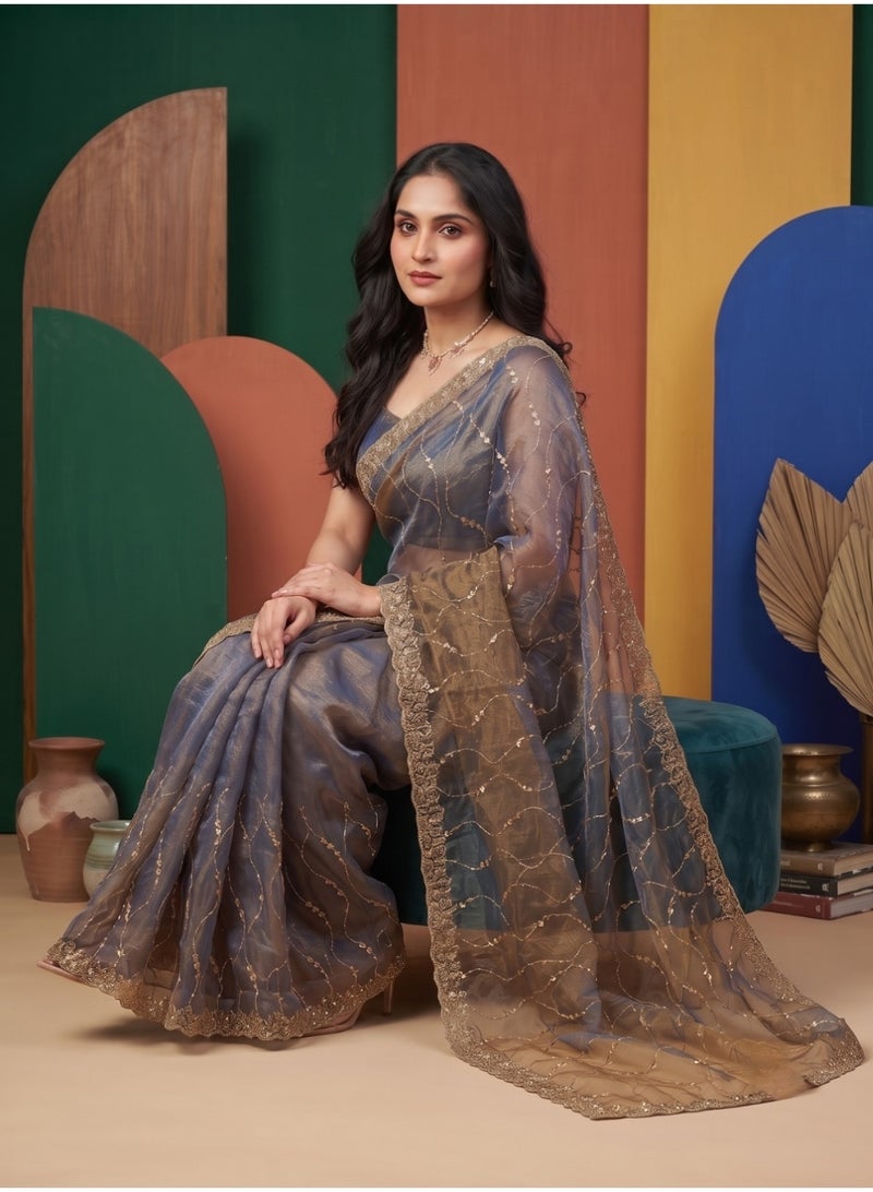 Nool Tamba Tissue Designer Saree with Unstitched Blouse Material - Image 4