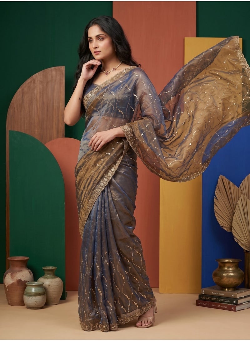 Nool Tamba Tissue Designer Saree with Unstitched Blouse Material - Image 1