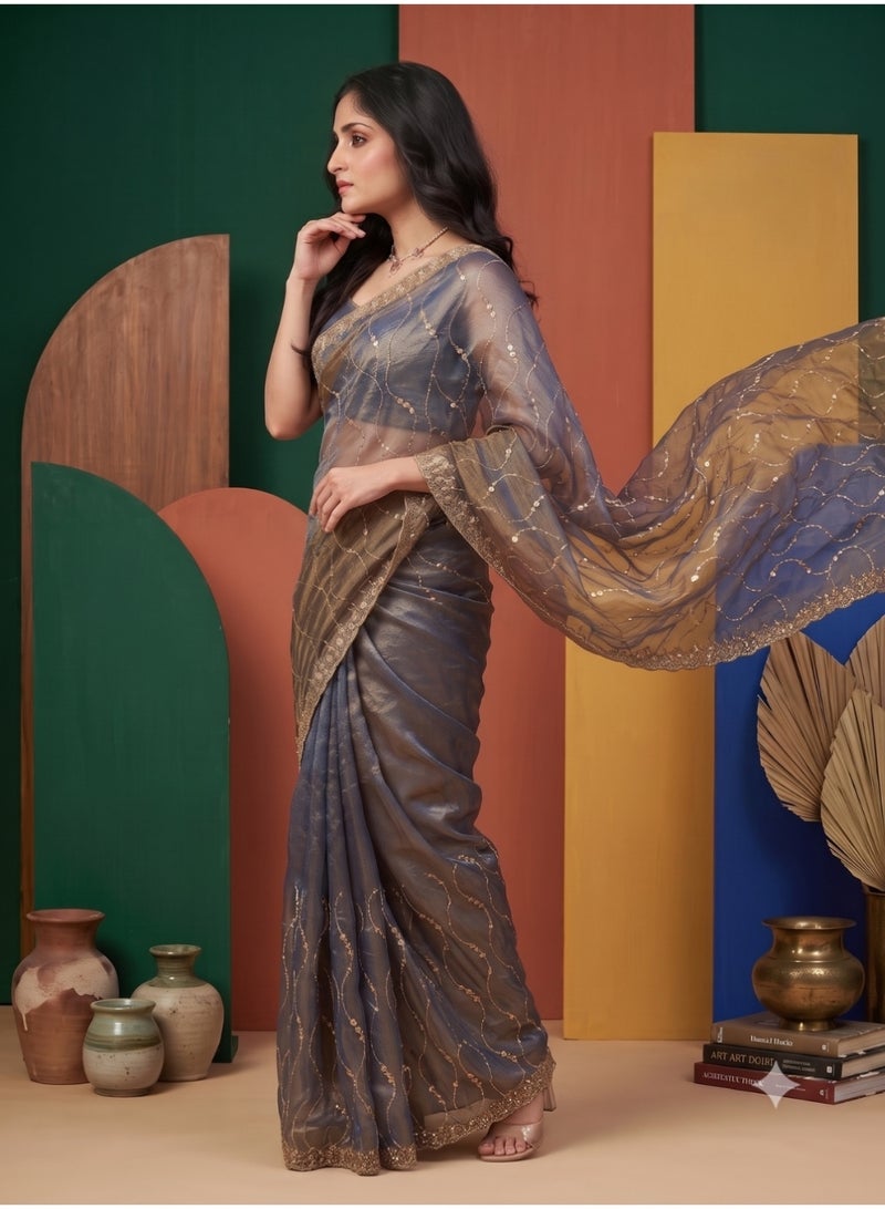 Nool Tamba Tissue Designer Saree with Unstitched Blouse Material - Image 5