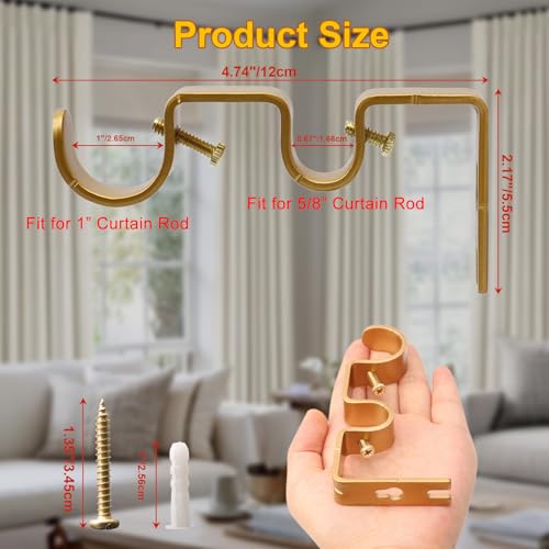 Shonmogar Double Curtain Rod Bracket 3 Pack Metal Curtain Rod Holders for WallSturdy Double Rod Curtain Brackets for 1 and 58 RodWall Curtain Rod Bracket for Home Living Room Decor Gold - Image 3