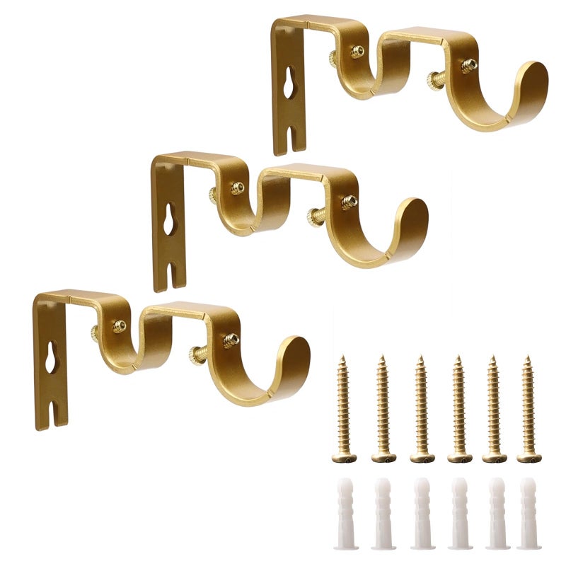 Shonmogar Double Curtain Rod Bracket 3 Pack Metal Curtain Rod Holders for WallSturdy Double Rod Curtain Brackets for 1 and 58 RodWall Curtain Rod Bracket for Home Living Room Decor Gold - Image 2