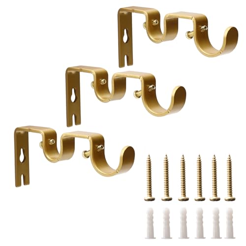 Shonmogar Double Curtain Rod Bracket 3 Pack Metal Curtain Rod Holders for WallSturdy Double Rod Curtain Brackets for 1 and 58 RodWall Curtain Rod Bracket for Home Living Room Decor Gold - Image 1