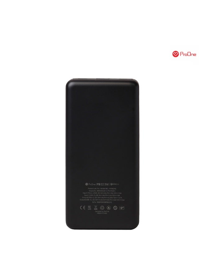 ProOne 20000mAh Power Bank (PPB5212), Fast Charging, Dual Output (USB-A + Type-C), Type-C & Micro Input, Portable Charger – Black - Image 3