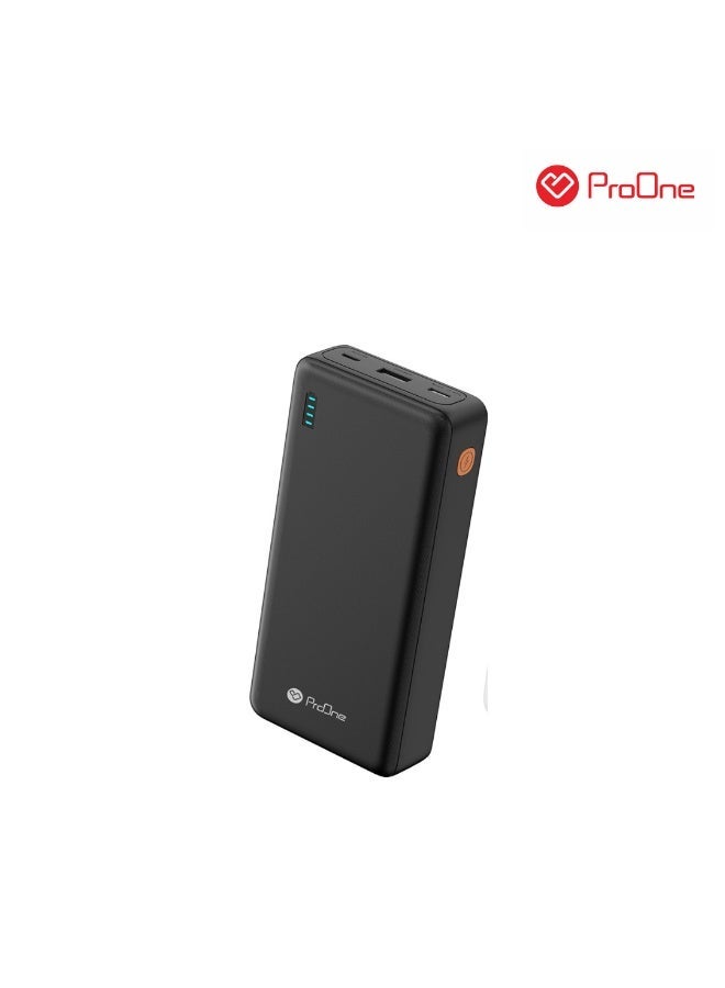 ProOne 20000mAh Power Bank (PPB5212), Fast Charging, Dual Output (USB-A + Type-C), Type-C & Micro Input, Portable Charger – Black - Image 1