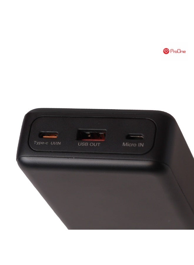 ProOne 20000mAh Power Bank (PPB5212), Fast Charging, Dual Output (USB-A + Type-C), Type-C & Micro Input, Portable Charger – Black - Image 4