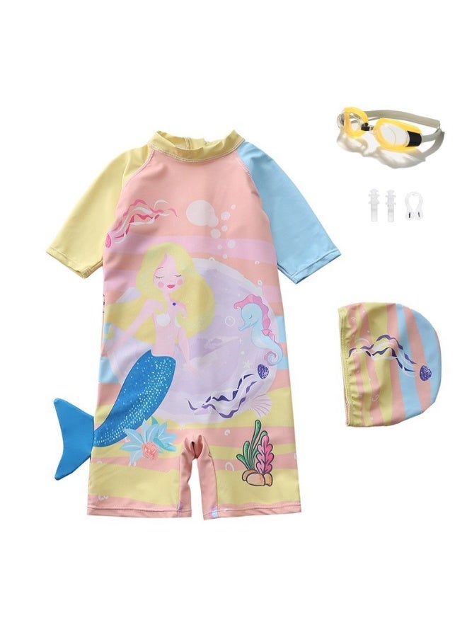 SISGL Children's Swimsuit For Girls Mermaid Design Short Sleeve With Cap One Piece Surfing Suit Baby Swimming Pool Girl Swimsuit - Image 1