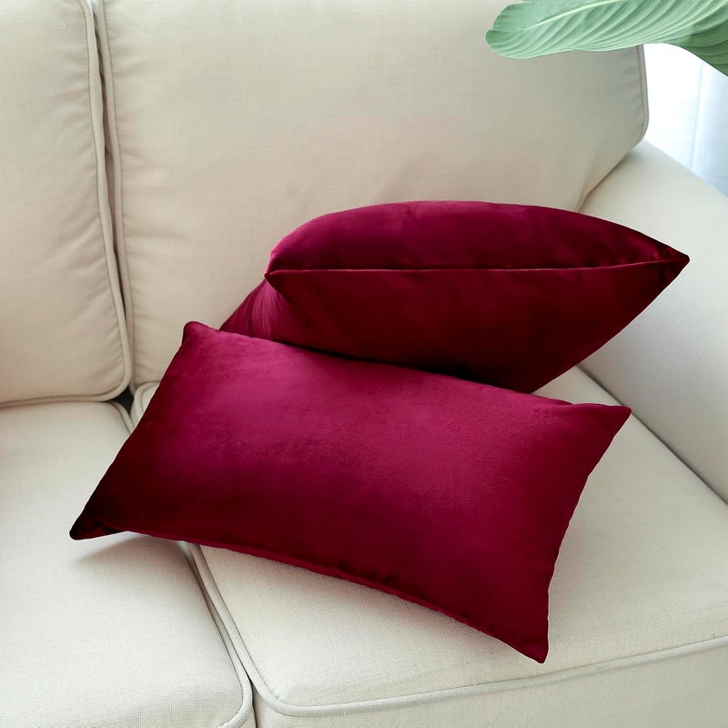 MZPSO Pack of 2, Velvet Super Soft Solid Decorative Square Throw Pillow Covers Set Cushion Case for Sofa Bedroom Car 12 x 20 Inch 30 x 50 cm Wine Red - Image 2