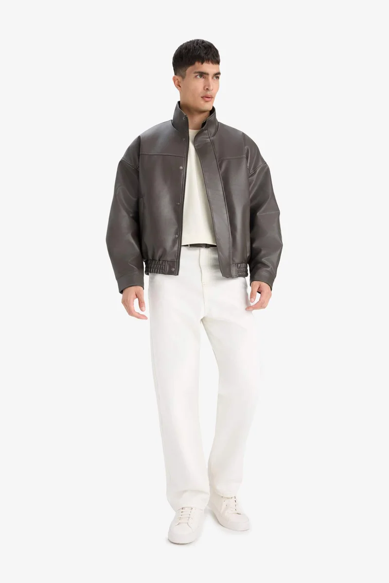 ديفاكتو Waterproof Oversize Fit Stand Collar Faux Leather Jacket