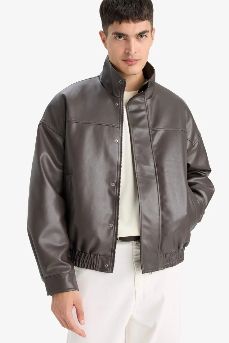 ديفاكتو Waterproof Oversize Fit Stand Collar Faux Leather Jacket