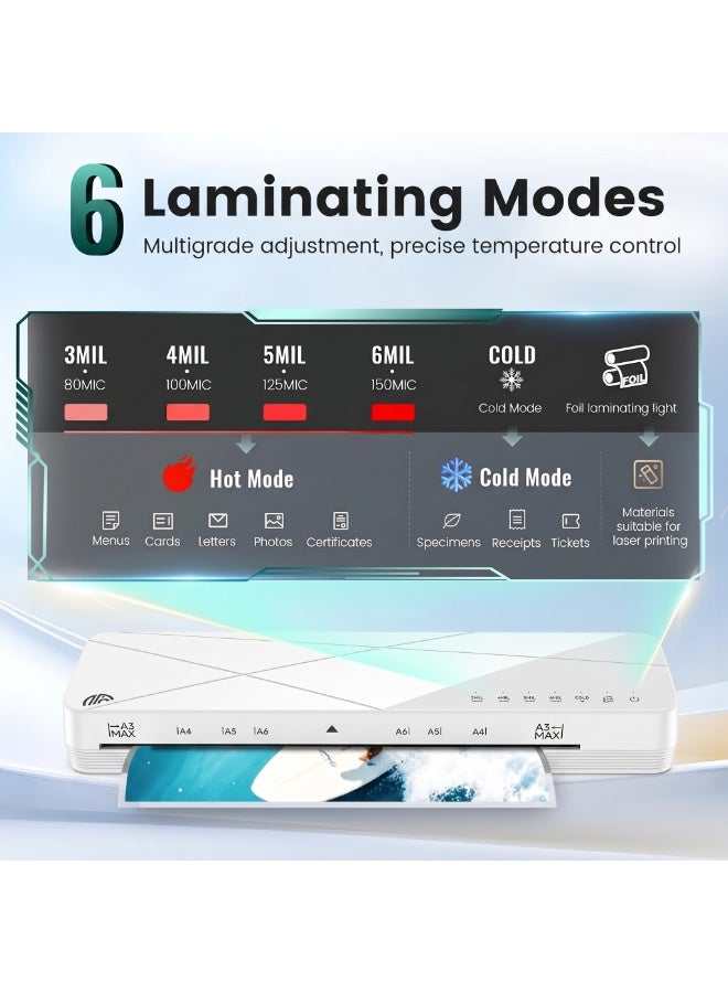 FN Laminator Machine A3 Laminating Machine with Laminating Sheets, 5-in-1 Lamination Machine with 6 Laminating Modes and Auto-Off for Home Office Schoo,White - Image 2
