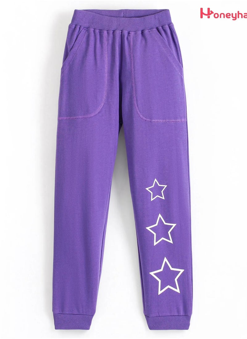Generic Honeyhap Premium Cotton Looper Ankle Length Lounge Pants with Bio Finish & Stars Printed - Prism Violet  - Image 1