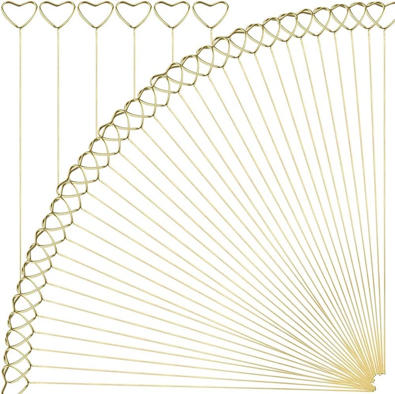 H&W 12''L Golden Heart Loop Round Shape Card Holders 40PCS Floral Picks Clips for Wedding & Flower Arrangements, DIY Craft Wire Clip Table Card Holders Note Photo Picture Memo Holder Cake Topper - Image 1