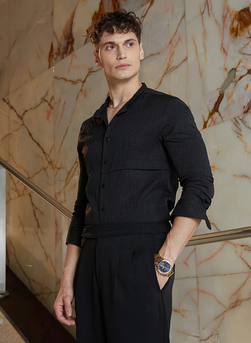 Campus Sutra Men's Onyx Black Aztec-Tactile Modular Shirt