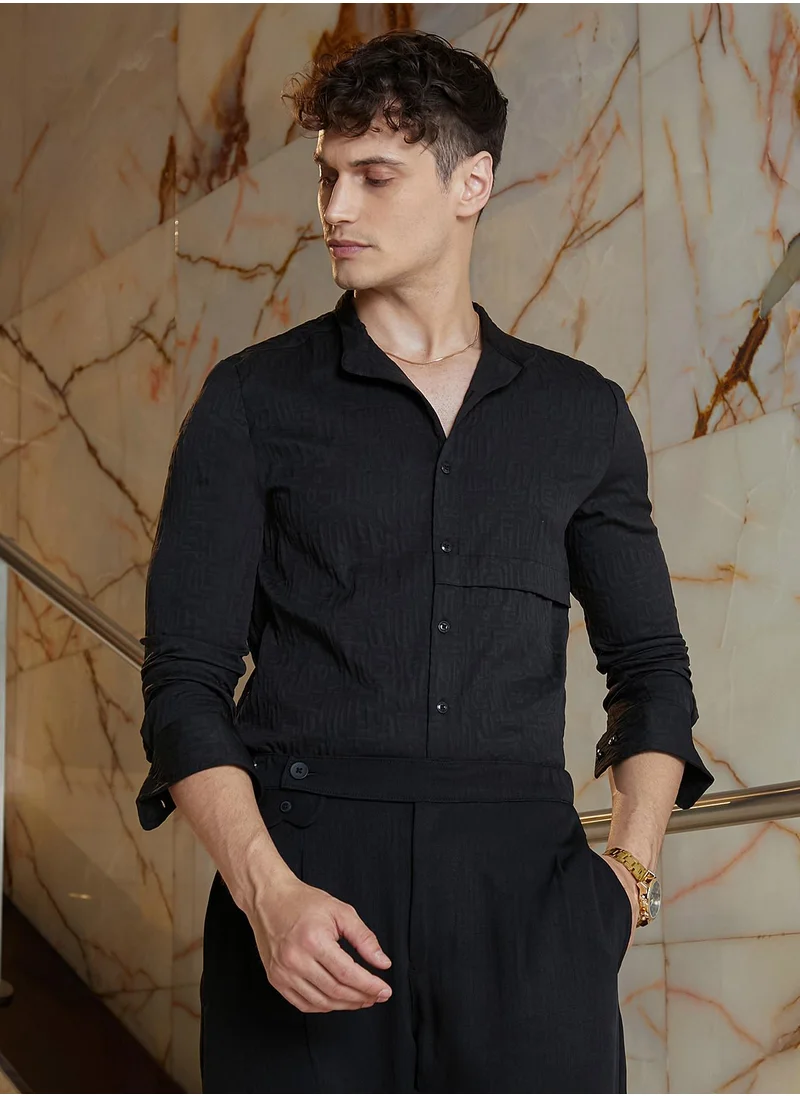 Campus Sutra Men's Onyx Black Aztec-Tactile Modular Shirt