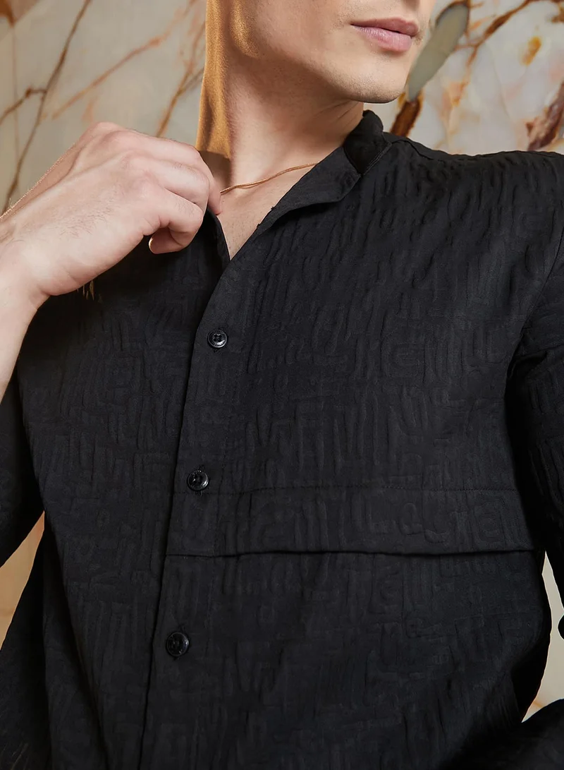 Campus Sutra Men's Onyx Black Aztec-Tactile Modular Shirt